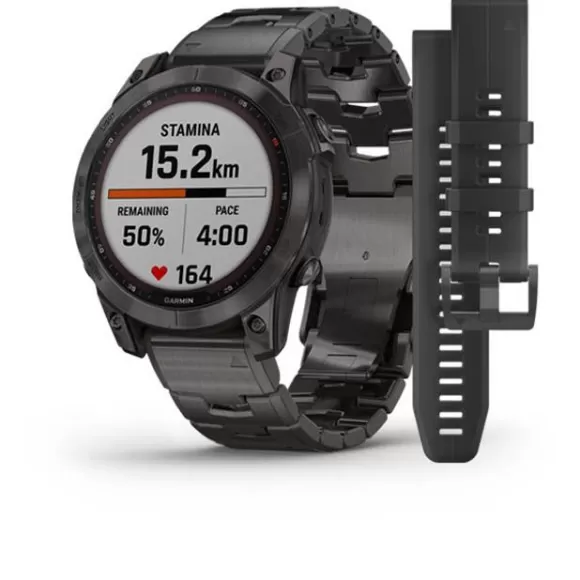 Garmin Fenix 7 Sapphire Solar Hiilenharmaa DLC-titaani Ja Titaaniranneke + Silikoniranneke 010-02540-39* Garmin Urheilukellot | Garmin Älykellot